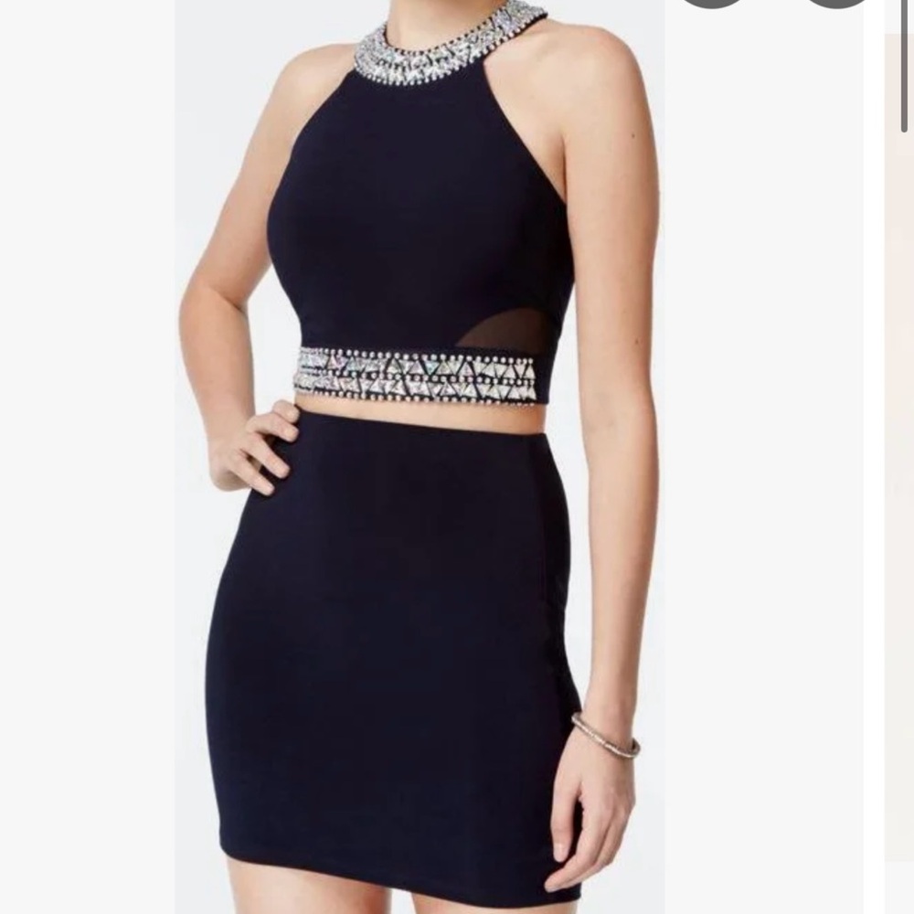 Elegant Navy Blue Dress with Silver Accents